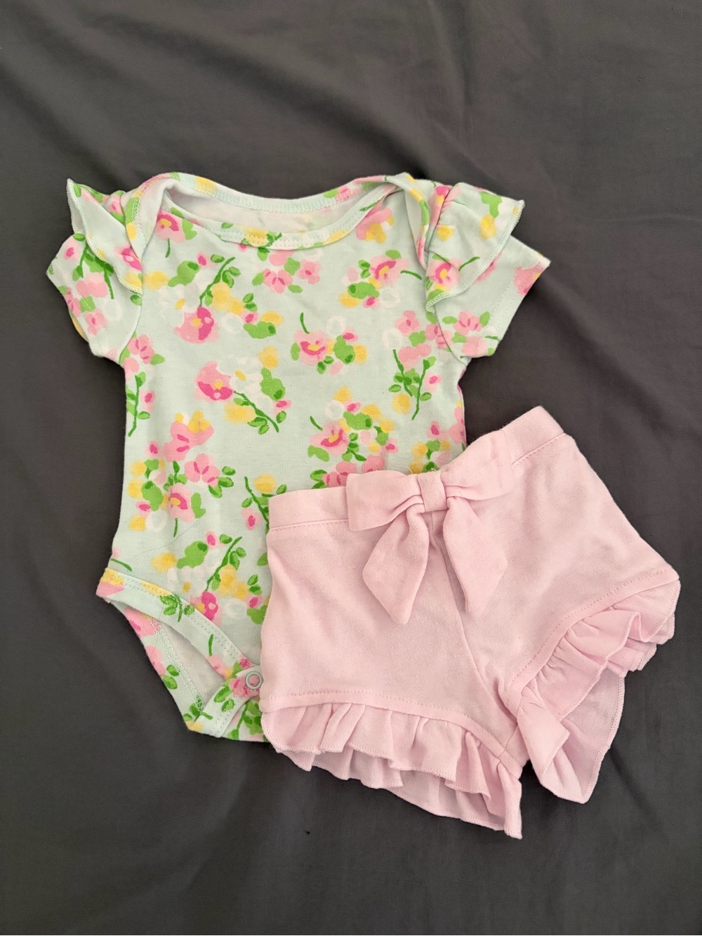 Floral Short-Sleeve Baby Onesie Outfit with Pink Ruffle Shorts